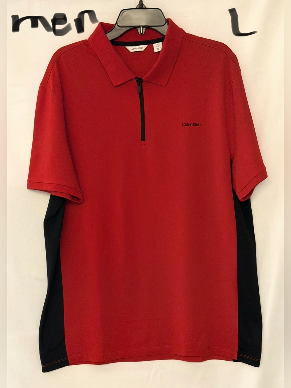 Calvin Klein Red Polo with Black Side Panels and Zip Collar